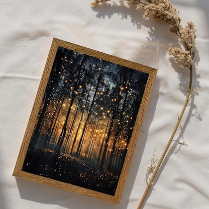 JLTULT Framed Enchanted Forest Firefly Canvas Wall Art, Dark Twilight Landscape Wall Decor, Rustic Botanical Nature Tree Art Prints for Bedroom Living Room Office Decoration 8x10 inch Easy to Hang