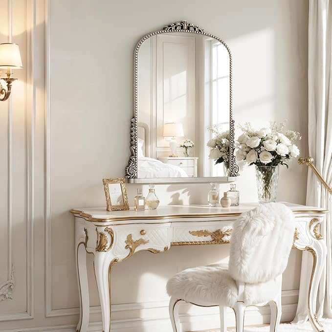 24x32 inch Vintage Silver Arched Bathroom Mirror - French Antique Mirror - Traditional Decorative Wall Mounted Arched Mirrors for Entryway/Fireplace/Bathroom/Hallway - Home Decor for Fashion
