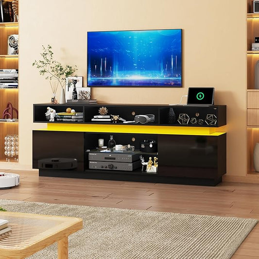 chartustriable LED TV Stand for 75 Inch TV, Modern Tall Entertainment Center with Power Outlets, High Gloss TV Stand, Gaming TV Media Console with Glass Shelf for Living Room, 63 Inch, Black