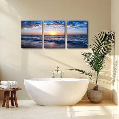 Framed Canvas Wall Art for living room Large Size Office Wall Decor Sunrise blue sea view Wall Pictures Artwork ocean Paintings Ready to Hang for Modern bedroom Home Decoration 16" x 24" 3 Pieces