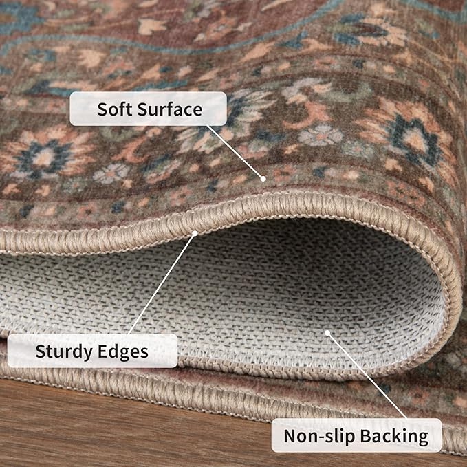 Tangsoo Vintage 3x5 Rug for Bedroom,Non-Slip Soft Low Pile Red Brown Indoor Area Rug,Washable Boho Carpet for Front Porch Living Room Patio Entryway