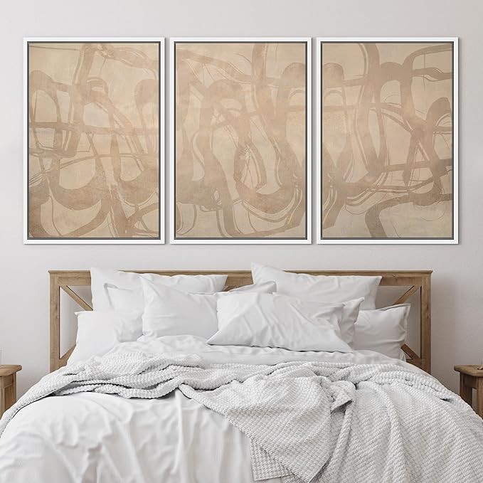 SIGNLEADER Framed Canvas Print Wall Art Set Beige Modern Abstract Line Art Illustrations Minimal Decorative Bohemian for Living Room, Bedroom, Office - 16"x24"x3 White