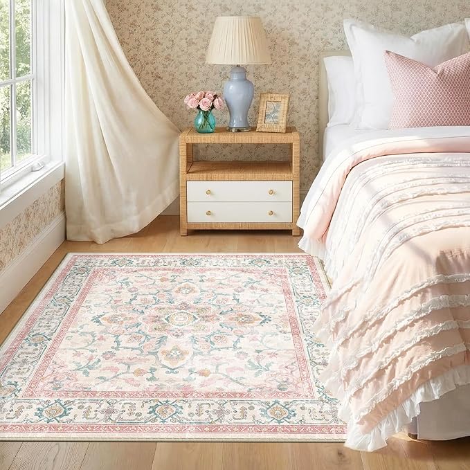 CAPALOCA Machine Washable Rugs Nursery Rug Sq5ft Cute Girl Non Slip Low Pile Water Repellent Soft Print Pattern for Bedroom Indoor Decor Kids Playroom Pink Teal
