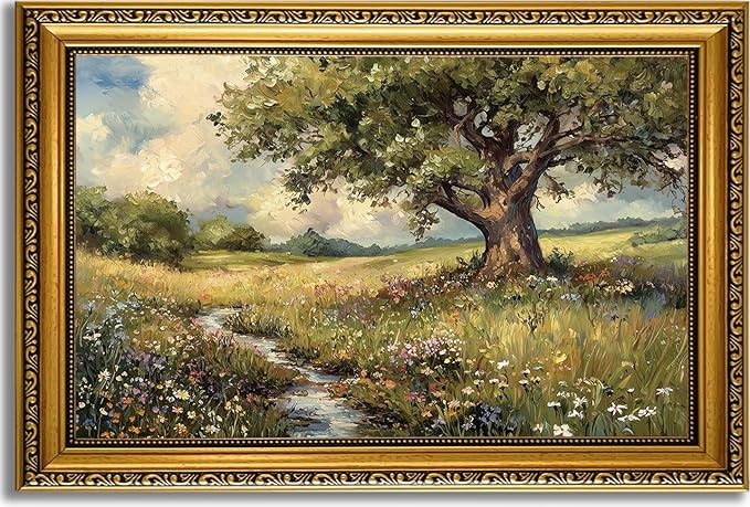 YD&YZY Gold Framed Vintage Wall Art Canvas Spring Country Landscape Wall Decor Wildflower Farmhouse Painting Rustic Nature Picture Cottagecore Print for Living Room Bedroom 16x24 inch Framed
