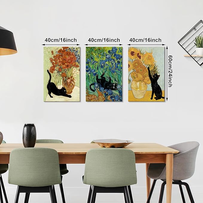 WENGTIAO 3Pcs Black Cat Wall Art Prints Vintage Van Gogh Sunflower Cat Canvas Paintings Irises Floral Pictures Flower Aesthetic Artwork for Living Room Bedroom 16”x24”x3