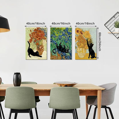 WENGTIAO 3Pcs Black Cat Wall Art Prints Vintage Van Gogh Sunflower Cat Canvas Paintings Irises Floral Pictures Flower Aesthetic Artwork for Living Room Bedroom 16”x24”x3