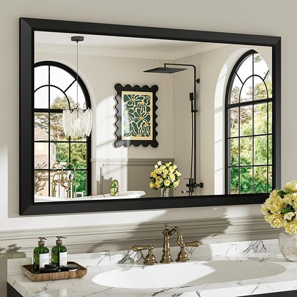 48x30 Inch Black Bathroom Mirror for Wall, Beveled Framed Rectangle Bathroom Vanity Mirrors for Over Sink, Bedroom, Living Room, Entryway, Anti-Rust, HD Tempered Glass, Horizontally/Vertically