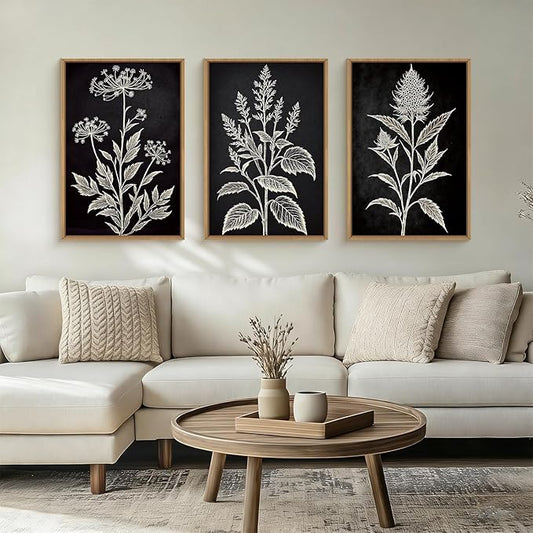 HPNIUB Black and White Leaves Framed Wall Art Set,Minimalist Flower Botanical Floral Wall Decor,Boho Sketch Elegant Leaf Art Print,Modern Wildflower Artwork for Living Room, Bedroom,Office-16''x24''x3