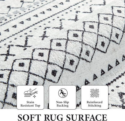 Area Rug for Living Room 9x12: Large Washable Boho Moroccan Rugs Geometric Neutral Rug, Non-Slip Foldable Morden Farmhouse Indoor Floor Carpet for Bedroom Dining Table Home（Black,9'X12'）