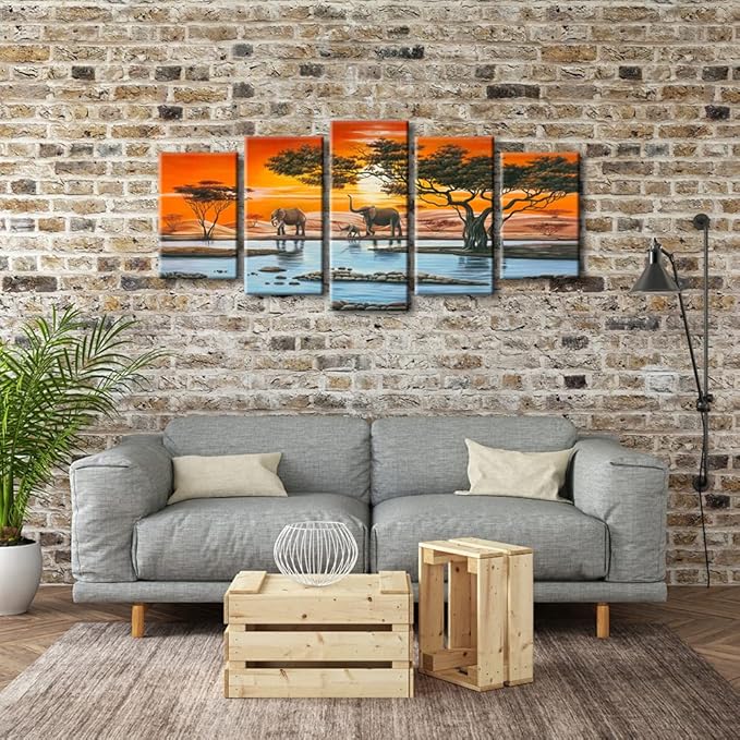 Wieco Art Elephant Family Canvas Prints Wall Art Animals Paintings Reproduction Pictures for Living Room Bedroom Home Decorations Modern 5 Panel Stretched and Framed African Landscape Giclee Artwork