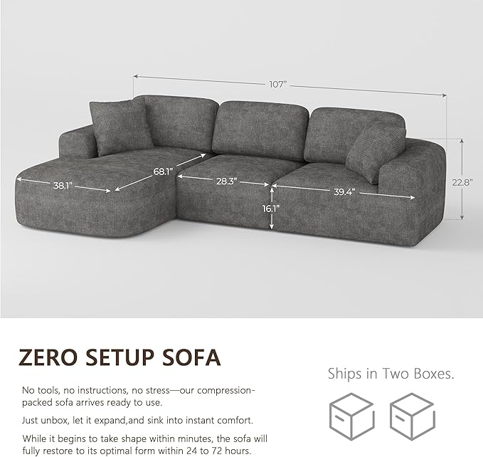 Dowinx 107'' Modular Sectional Sofa Couch with Chaise, No Assembly Required, Modern Bouclé-Inspired Upholstery, Convertible L-Shaped Design for Living Room – Charcoal Grey
