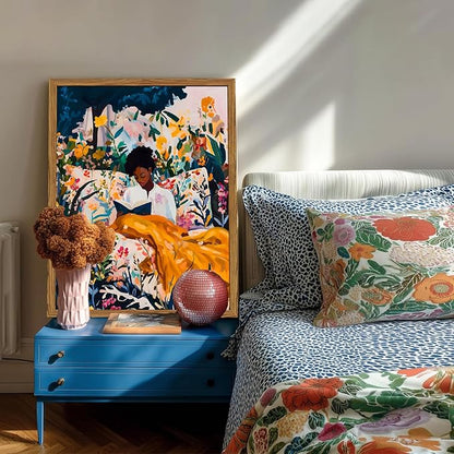 Framed Black Woman Reading Wall Art, Boho Black Girl Colorful Floral Paintings Wall Decor, African American Pictures Canvas Prints Aesthetic Home Decor for Living Room Bedroom Dorm 12x16 inch