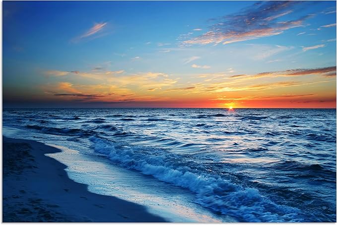 TutuBeer 1 Panel Beach Pictures Wall Art Beach Canvas Wall Art Blue Ocean at Sunrise Picture Print on Canvas Sea Artwork for Walls Seascape Pictures for Home Decor Ready to Hang 16x24inch