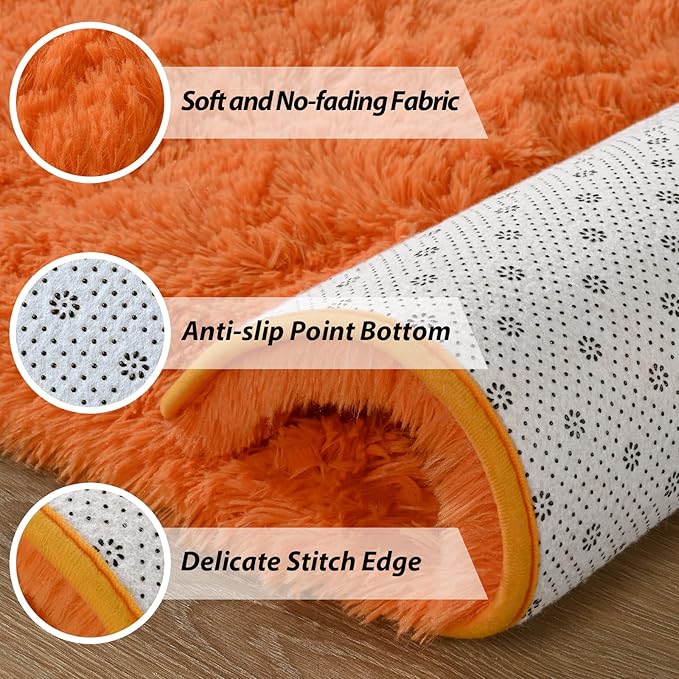 Andecor Shag Area Rug for Living Room, 4x6 Feet Orange Soft Fluffy Indoor Plush Throw Rugs for Bedroom Girls Kids Room Nursery Dorm Home Decor Carpet