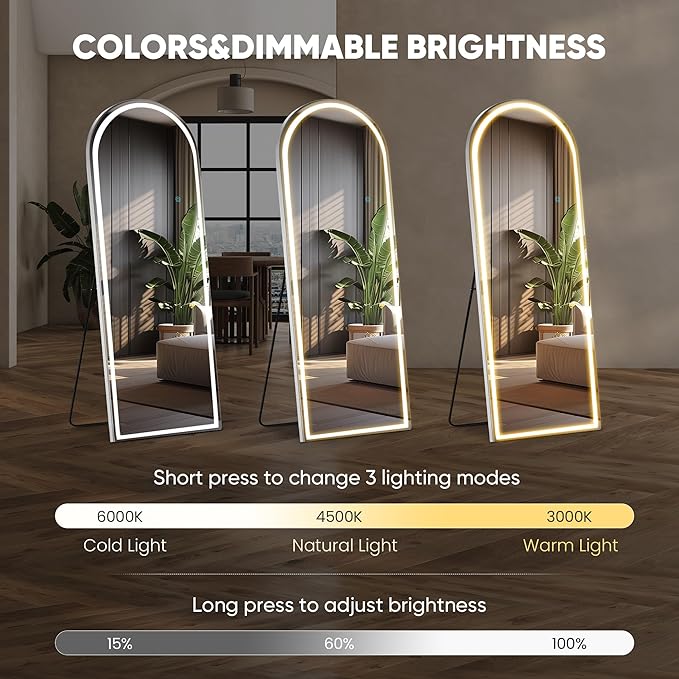 26"×71" Arched LED Full Length Mirror with Stand, Full Body Wall-Mount Mirror with LED Lights 3 Color Lighting, Hanging or Leaning, Floor Standing, Modern Simple Home Wall Decor