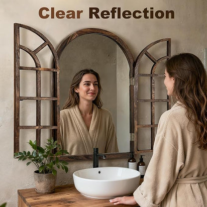 Arched Wall Mirror with Wood Window Frame, 40x28 Vintage Rustic Farmhouse Mirror for Wall, Living Room, Bedroom, Entryway(Brown)