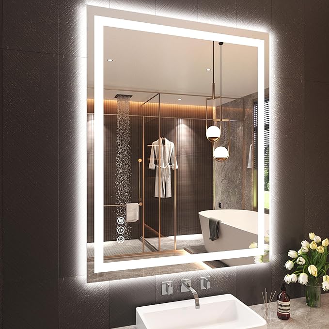 Snowdool 28"X36" LED Bathroom Mirror with Front Lights and Backlit, Anti-Fog, Dimmable, Shatter-Proof Tempered Glass, Lighted Bathroom Vanity Mirror for Wall with 3 Colors, Memory Function