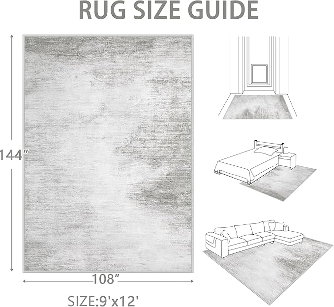 Area Rugs 9x12 Living Room: Washable Rug Modern Abstract Large Rugs Soft Non Slip Neutral Rug Stain Resistant Indoor Carpet for Bedroom Kitchen Dining Room Home Office Rugs(Grey,9'x12')