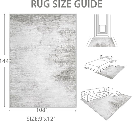 Area Rugs 9x12 Living Room: Washable Rug Modern Abstract Large Rugs Soft Non Slip Neutral Rug Stain Resistant Indoor Carpet for Bedroom Kitchen Dining Room Home Office Rugs(Grey,9'x12')