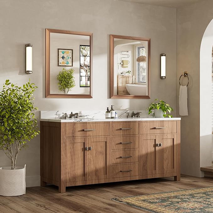28x36 Inch Bathroom Mirror for Wall, Anti-Rust Walnut Wood Grain Metal Framed Bathroom Mirrors for Over Sink,Rectangler Mirrors for Bathroom Vanity, Farmhouse, Bedroom, Living Room, Entryway Decor