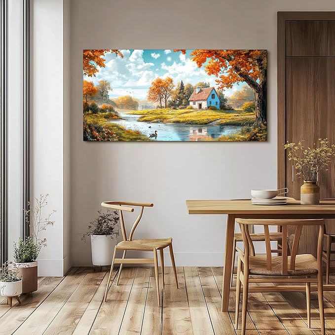 SERIMINO Fall Landscape Large Wall Art, Forest Cottage Rustic Wall Decor, Lake Duck Farmhouse Canvas Painting, Nature House Decorations Living Room Bedroom Dining Room Cottagecore Art Prints 29"X57"
