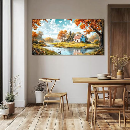SERIMINO Fall Landscape Large Wall Art, Forest Cottage Rustic Wall Decor, Lake Duck Farmhouse Canvas Painting, Nature House Decorations Living Room Bedroom Dining Room Cottagecore Art Prints 29"X57"