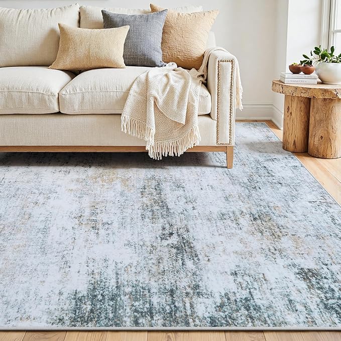 6x9 Area Rugs Washable Rug:Anti-Skid Abstract Modern Living Room Rug Soft Thin Carpets Indoor Floor Non-Shedding Carpet for Bedroom Dining Farmhouse Nursery Home Office(Blue/Grey/Gold/White, 6x9)