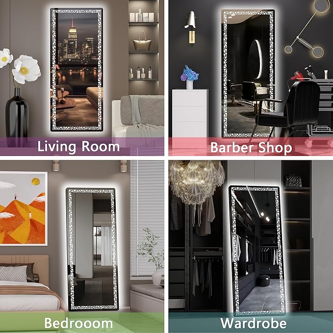 Hasipu 64” x 20" Full Length Mirror with LED Lights, Full Body Mirror for Vanity, Dressing Room, LED Free Standing Floor Mirror, Wall Mounted Mirror Dimming & 3 Color Modes