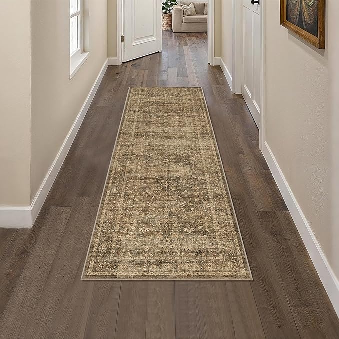 2x6 Brown Runner Rug Hallway Non Slip Washable Area Rugs Kitchen Soft Vintage Boho Long Rug Distressed Floral Carpet Indoor Low Pile Throw Rug for Bedroom Bathroom Laundry Dining Room Office