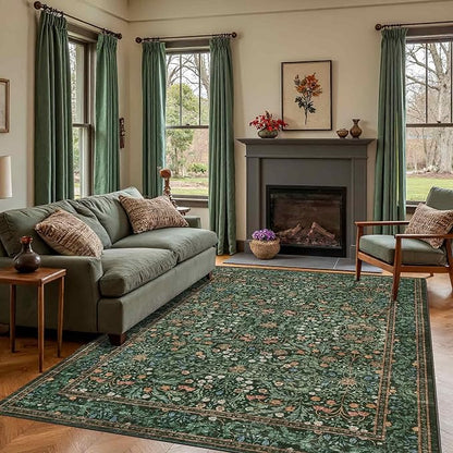 Rugxara 8x10 Area Rugs for Living Room Bedroom, Large Washable Rug, Green Vintage Floral Boho Rug, Non Slip & Low Pile Faux Wool Thin Carpet for Indoor Dining Room and Kids Room(Green 8x10ft)