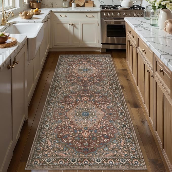 Tangsoo Vintage 2x6 Washable Runner Rug for Hallways,Red Brown Non-Slip Low Pile Long Rug Runner,Floral Soft Indoor Carpet Runner for Kitchen Bedroom Entryway Laundry