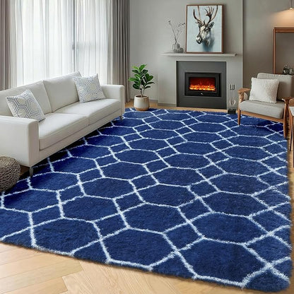 ONASAR Large 8x10 Area Rugs for Living Room, Fluffy Geometric Navy and White Rug for Boys Bedroom Home Decor Aesthetic, Soft Shaggy Plush Floor Carpet for Girls Teen Nursery Playroom Office Dorm
