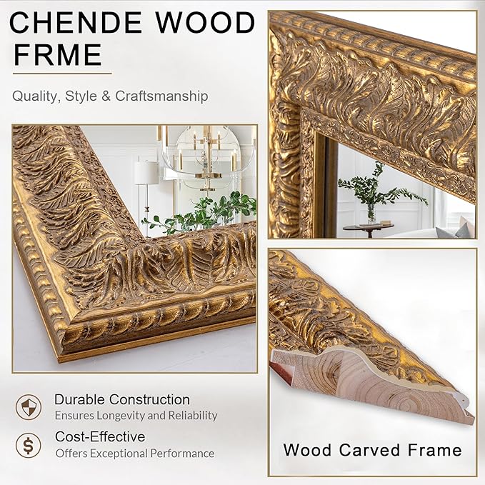 Chende 48" L x 24" W Large Gold Mirror for Wall, Rectangular Decorative Mirror Wall Decor with Leaves Shape Wood Frame, Elegant Baroque Mirror for Bathroom Entrance Hallyway Power Room
