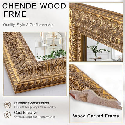 Chende 48" L x 24" W Large Gold Mirror for Wall, Rectangular Decorative Mirror Wall Decor with Leaves Shape Wood Frame, Elegant Baroque Mirror for Bathroom Entrance Hallyway Power Room