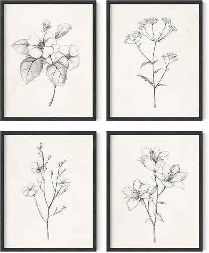 HAUS AND HUES Grey Floral Wall Art - Set of 4 Plant Posters for Wall Vintage, Botanical Prints, Black and White Flower Pictures for Room Aesthetic, Farmhouse Bathroom, Rustic Art (Black Frame, 11x14)
