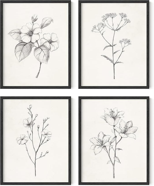 HAUS AND HUES Grey Floral Wall Art - Set of 4 Plant Posters for Wall Vintage, Botanical Prints, Black and White Flower Pictures for Room Aesthetic, Farmhouse Bathroom, Rustic Art (Black Frame, 11x14)