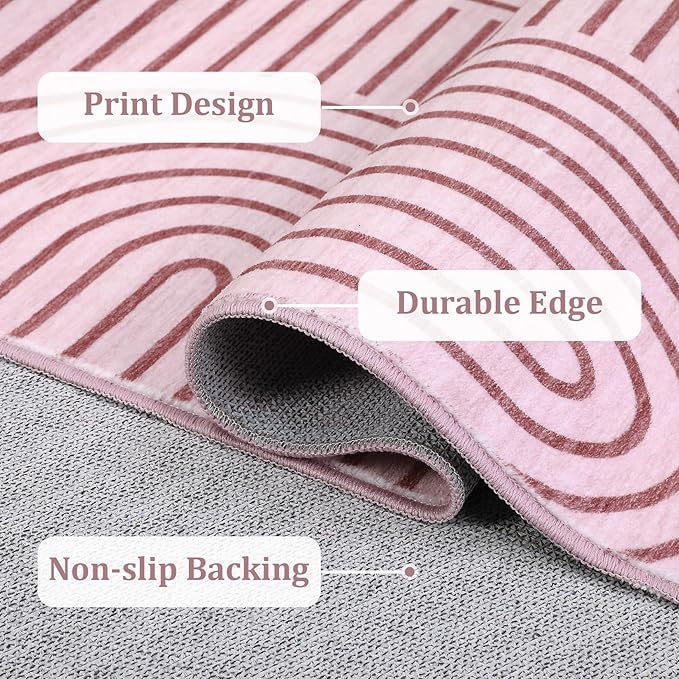 ROYHOME Washable Rug 5x7 Area Rugs for Living Room, Abstract Rug for Bedroom, Soft Rainbow Non Slip Throw Rugs with Rubber Back, Low Pile Stain Resistant Boho Geometric Carpet for Dining Room, Pink