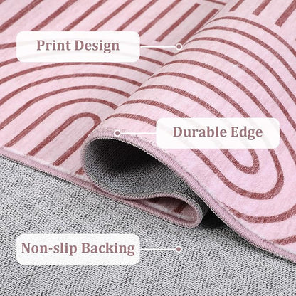 ROYHOME Washable Rug 5x7 Area Rugs for Living Room, Abstract Rug for Bedroom, Soft Rainbow Non Slip Throw Rugs with Rubber Back, Low Pile Stain Resistant Boho Geometric Carpet for Dining Room, Pink