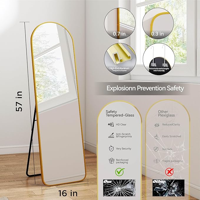 SCWF-GZ 57x16 Door Hanging Full Length Mirror, Floor Stand (Height 5.7ft just Body in1.3ft) / Wall Mounted Metal Frame Arch Dressing Mirrors for Bedroom Living Room 57 inch Gold