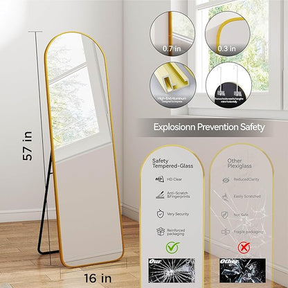 SCWF-GZ 57x16 Door Hanging Full Length Mirror, Floor Stand (Height 5.7ft just Body in1.3ft) / Wall Mounted Metal Frame Arch Dressing Mirrors for Bedroom Living Room 57 inch Gold