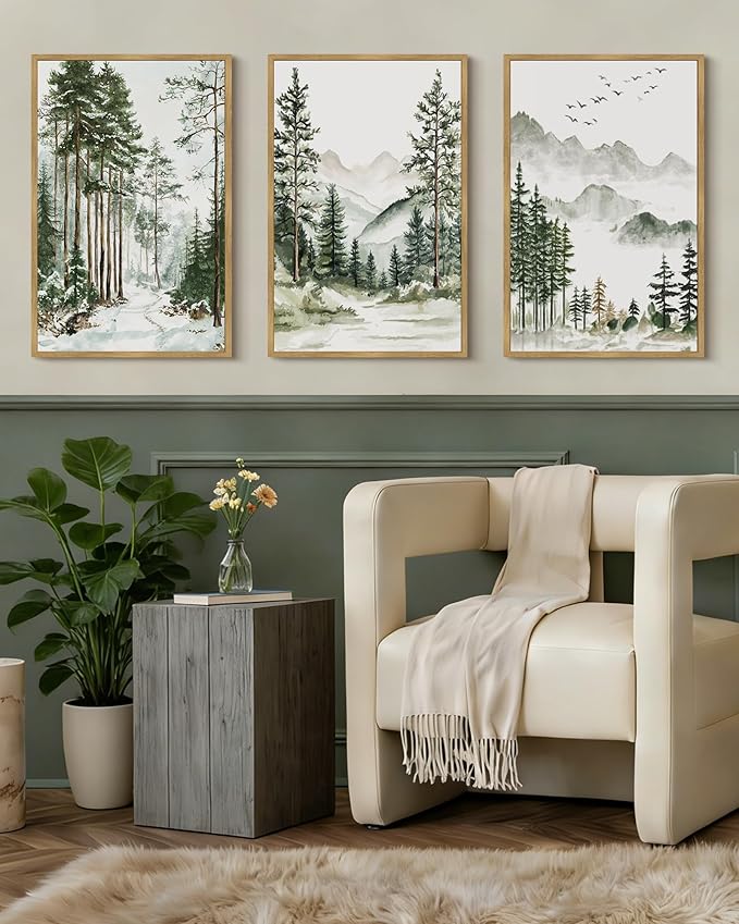 Drsoum Green Tree Forest Framed Wall Art Watercolor Nature Mountain Landscape Prints Morden Wilderness Artwork Bedroom Ready to Hang 16x24in Natural Framed