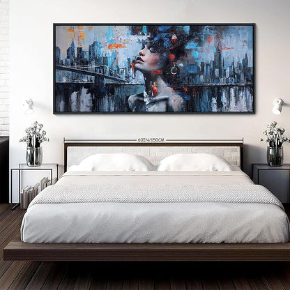 YDYSUNE Navy Blue Painting Wall Art Black Woman Picture for Living Room modern Home Bedroom Decoration New York City Framed Artwork Decor 70x31IN