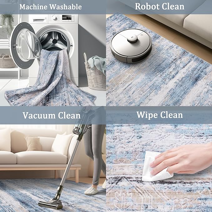5x7 Area Rug Living Room Rugs - Washable Rug Large Modern Abstract Soft Thin Carpets Indoor Floor No Slip Vintage Carpet for Bedroom Under Dining Table Nursery Home Office Decor Blue