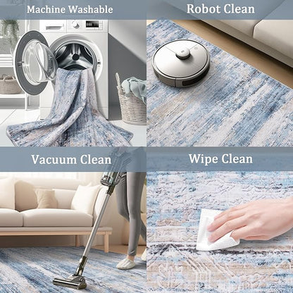 6x9 Area Rug Living Room Rugs - Washable Rug Large Modern Abstract Soft Thin Carpets Indoor Floor No Slip Vintage Carpet for Bedroom Under Dining Table Nursery Home Office Decor Blue