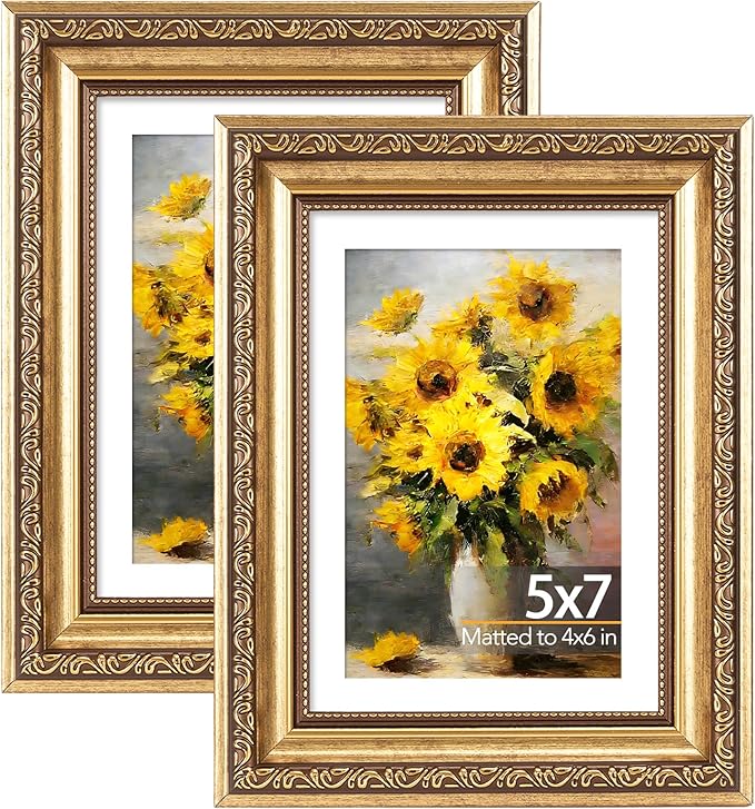 JCJMY 5x7 Vintage Picture Frame with 4x6 Mat Set of 2, Elegant Retro 5 by 7 Photo Frame with Shatter-Resistant Plexiglass for Wall or Tabletop Display, Gallery Decor & Gift, Gold, 2 Pack