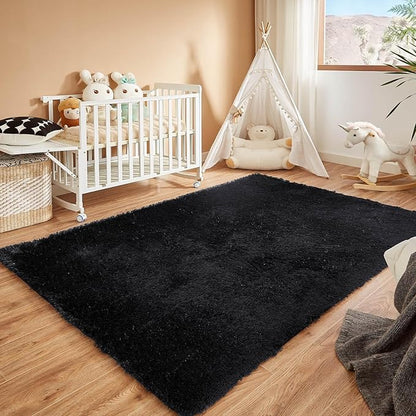 Floralux 5x7 Rug for Bedroom in Black, Ultra-Soft Fluffy Shag Area Rugs for Living Room, Modern Non-Slip Shaggy Floor Carpet for Teens Dorm, Bedside, Playroom, Nursery, Home Decor Aesthetic