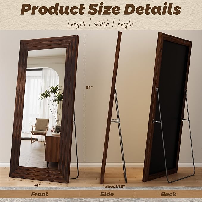 Antok Full Length Mirror with Solid Wood Frame, 81"×41" Wall Mounted Oversized Floor Mirror with Stand, Leaning Standing Hanging for Bedroom Living Room Entryway, Walnut, Rect Style