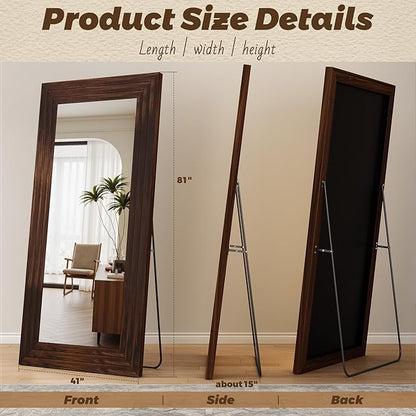 Antok Full Length Mirror with Solid Wood Frame, 81"×41" Wall Mounted Oversized Floor Mirror with Stand, Leaning Standing Hanging for Bedroom Living Room Entryway, Walnut, Rect Style