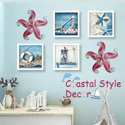 POXOHO Starfish Outdoor Wall Decor Art, 12" Hanging Metal & Glass Sculpturefor Indoor Outdoor, Starfish Yard Patio Fence Garden Decorations(Pink)