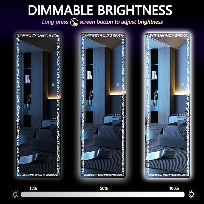 Hasipu 62" x 17" Full Length Mirror with LED Lights, Full Body Mirror with Triangle Pattern Light, LED Free Standing Floor Mirror, Wall Mounted Mirror Dimming & 3 Color Modes (White)